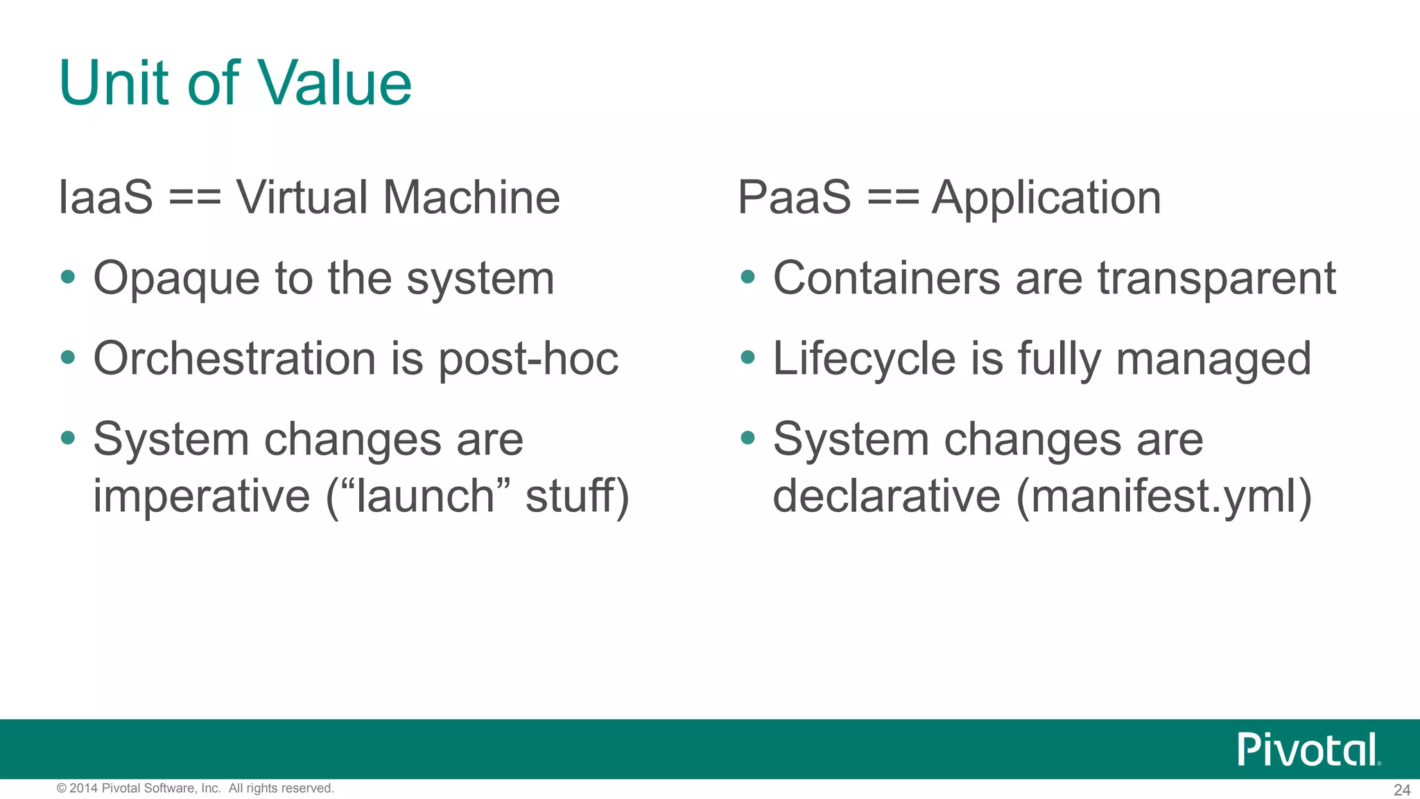 24© 2014 Pivotal Software, Inc. All rights reserved.
Unit of Value
IaaS == Virtual Machine
 Opaque to the system
 Orchestration is post-hoc
 System changes are
imperative (“launch” stuff)
PaaS == Application
 Containers are transparent
 Lifecycle is fully managed
 System changes are
declarative (manifest.yml)
 