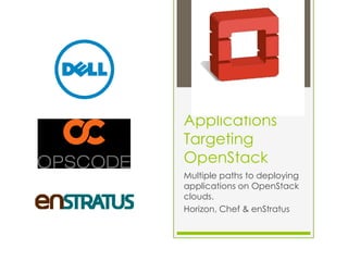 Applications
Targeting
OpenStack
Multiple paths to deploying
applications on OpenStack
clouds.
Horizon, Chef & enStratus
 