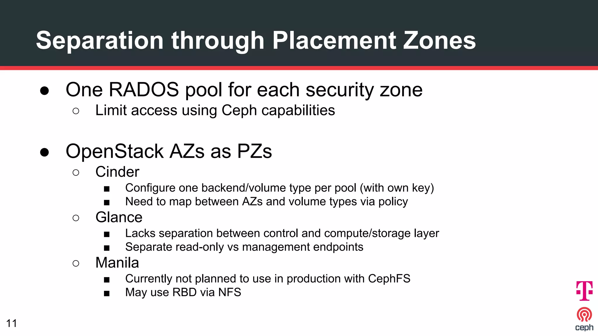 Separation through Placement Zones
● One RADOS pool for each security zone
○ Limit access using Ceph capabilities
● OpenStack AZs as PZs
○ Cinder
■ Configure one backend/volume type per pool (with own key)
■ Need to map between AZs and volume types via policy
○ Glance
■ Lacks separation between control and compute/storage layer
■ Separate read-only vs management endpoints
○ Manila
■ Currently not planned to use in production with CephFS
■ May use RBD via NFS
11
 