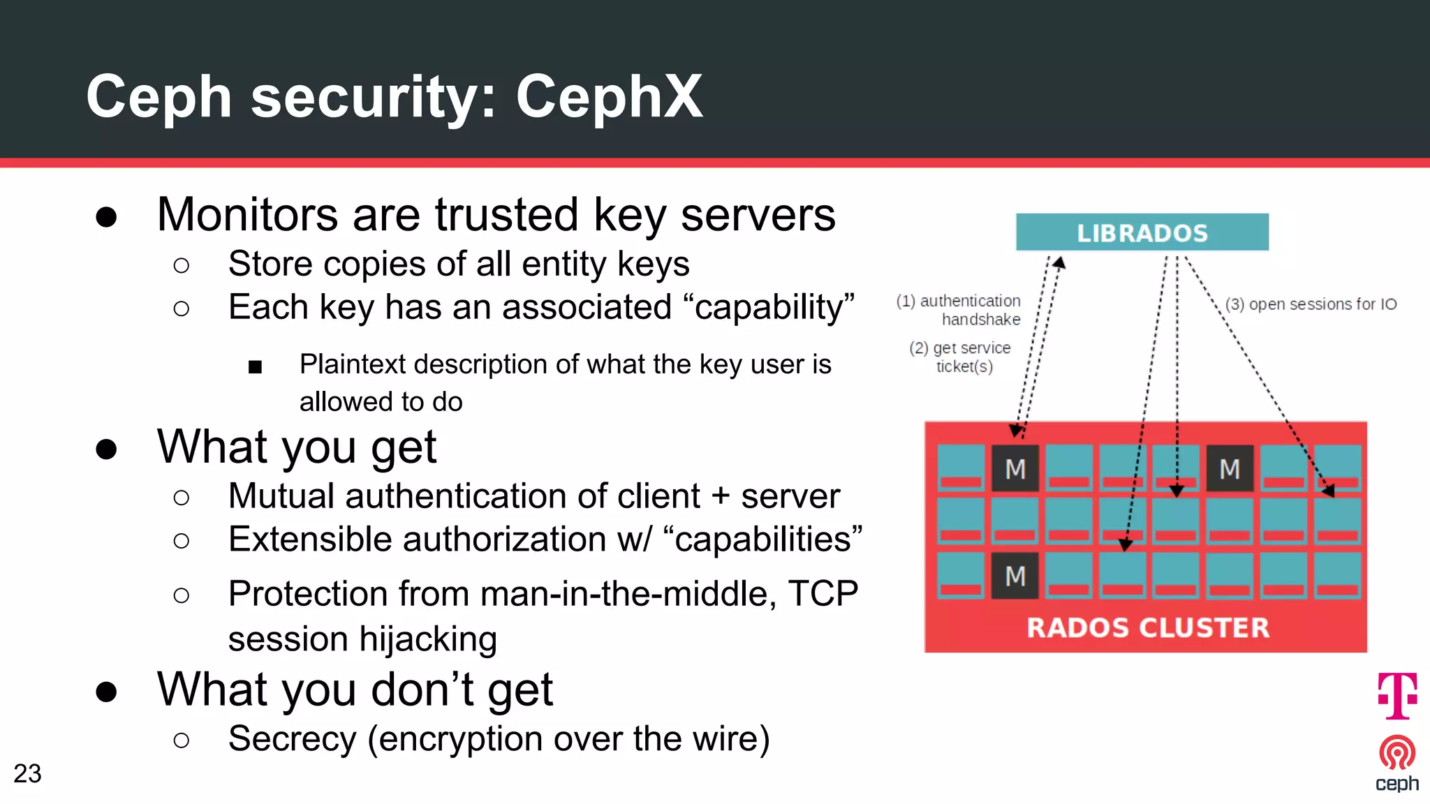 Ceph security: CephX
● Monitors are trusted key servers
○ Store copies of all entity keys
○ Each key has an associated “capability”
■ Plaintext description of what the key user is
allowed to do
● What you get
○ Mutual authentication of client + server
○ Extensible authorization w/ “capabilities”
○ Protection from man-in-the-middle, TCP
session hijacking
● What you don’t get
○ Secrecy (encryption over the wire)
23
 