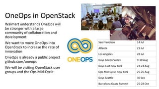 Walmart understands OneOps will
be stronger with a large
community of collaboration and
development
We want to move OneOps into
OpenStack to increase the rate of
innovation
OneOps is already a public project
github.com/oneops
We will be visiting OpenStack user
groups and the Ops Mid-Cycle
OneOps in OpenStack
San Francisco 14 Jul
Atlanta 21 Jul
Los Angeles 28 Jul
Days Silicon Valley 9-10 Aug
Days East New York 23-24 Aug
Ops Mid-Cycle New York 25-26 Aug
Days Seattle 30 Sep
Barcelona Ocata Summit 25-28 Oct
 