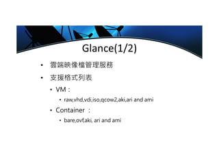 Glance(1/2)
• 雲端映像檔管理服務
• 支援格式列表
• VM：
• raw,vhd,vdi,iso,qcow2,aki,ari and ami
• Container ：
• bare,ovf,aki, ari and ami
 
