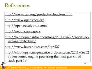 References
http://www.xen.org/products/cloudxen.html
http://www.openstack.org
http://open.eucalyptus.com/
http://nebula.nasa.gov/
http://ken.pepple.info/openstack/2011/04/22/openstack
  -nova-architecture/
http://www.laurentluce.com/?p=227
http://cloudopsmanagement.wordpress.com/2011/06/02
  /open-source-engine-powering-the-next-gen-cloud-
  stack-part-1/
                                                 31
 