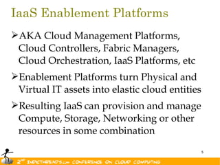 IaaS Enablement Platforms
AKA Cloud Management Platforms,
 Cloud Controllers, Fabric Managers,
 Cloud Orchestration, IaaS Platforms, etc
Enablement Platforms turn Physical and
 Virtual IT assets into elastic cloud entities
Resulting IaaS can provision and manage
 Compute, Storage, Networking or other
 resources in some combination
                                                 5
 