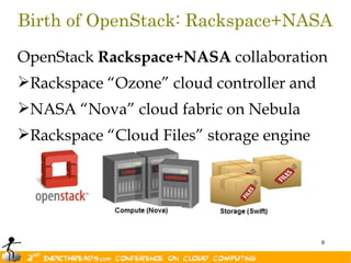 Birth of OpenStack: Rackspace+NASA

OpenStack Rackspace+NASA collaboration
Rackspace “Ozone” cloud controller and
NASA “Nova” cloud fabric on Nebula
Rackspace “Cloud Files” storage engine




                                          9
 