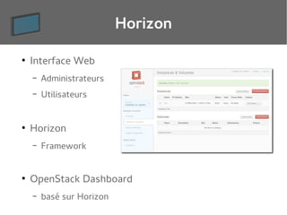 Horizon
●

Interface Web
–
–

●

Administrateurs
Utilisateurs

Horizon
–

●

Framework

OpenStack Dashboard
–

basé sur Horizon

 