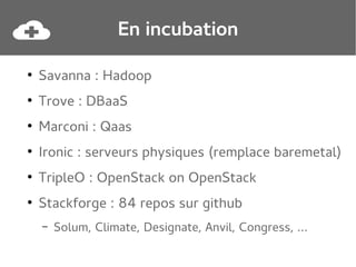 En incubation
●

Savanna : Hadoop

●

Trove : DBaaS

●

Marconi : Qaas

●

Ironic : serveurs physiques (remplace baremetal)

●

TripleO : OpenStack on OpenStack

●

Stackforge : 84 repos sur github
–

Solum, Climate, Designate, Anvil, Congress, ...

 