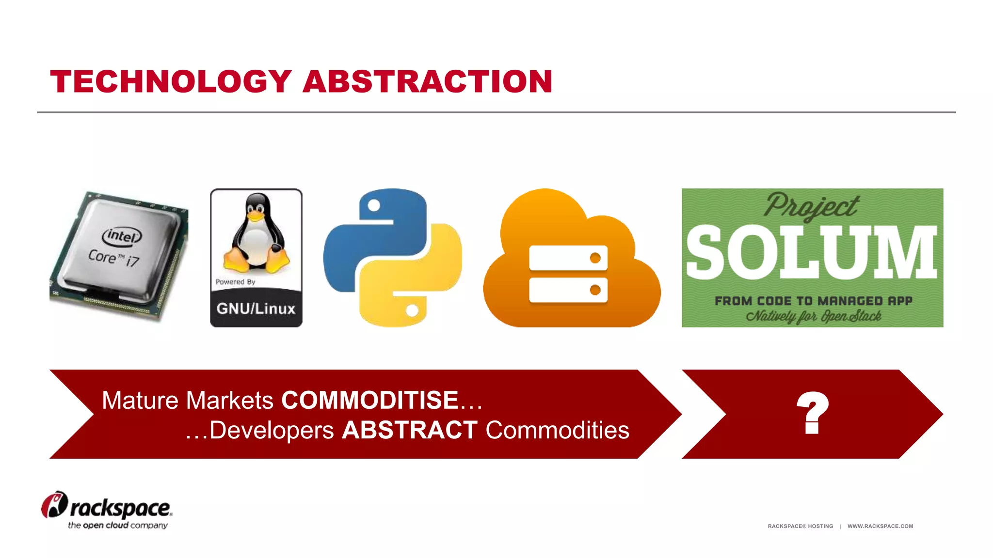 RACKSPACE® HOSTING | WWW.RACKSPACE.COM
TECHNOLOGY ABSTRACTION
Mature Markets COMMODITISE…
…Developers ABSTRACT Commodities ?
 