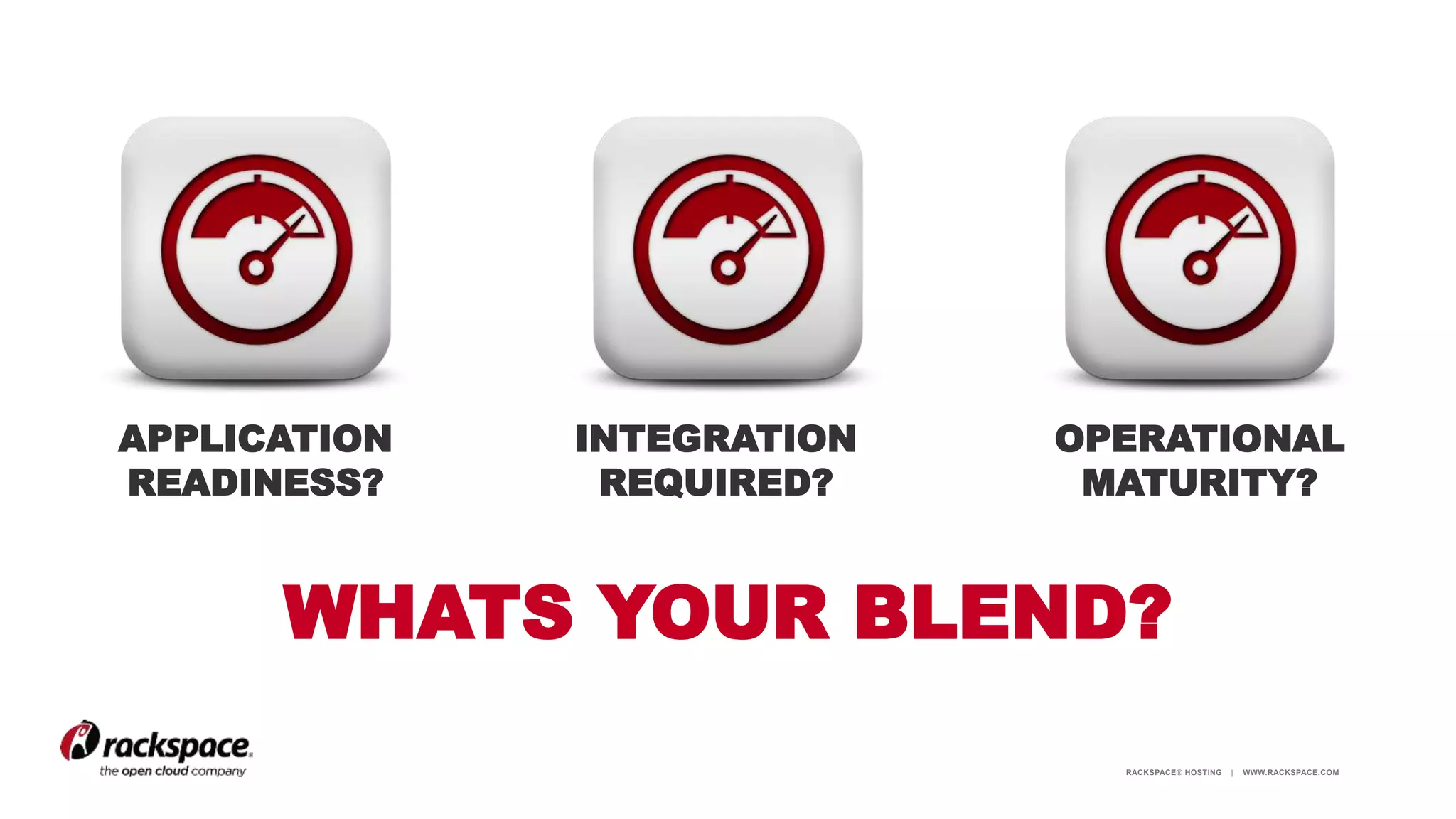 RACKSPACE® HOSTING | WWW.RACKSPACE.COM
APPLICATION
READINESS?
INTEGRATION
REQUIRED?
OPERATIONAL
MATURITY?
WHATS YOUR BLEND?
 