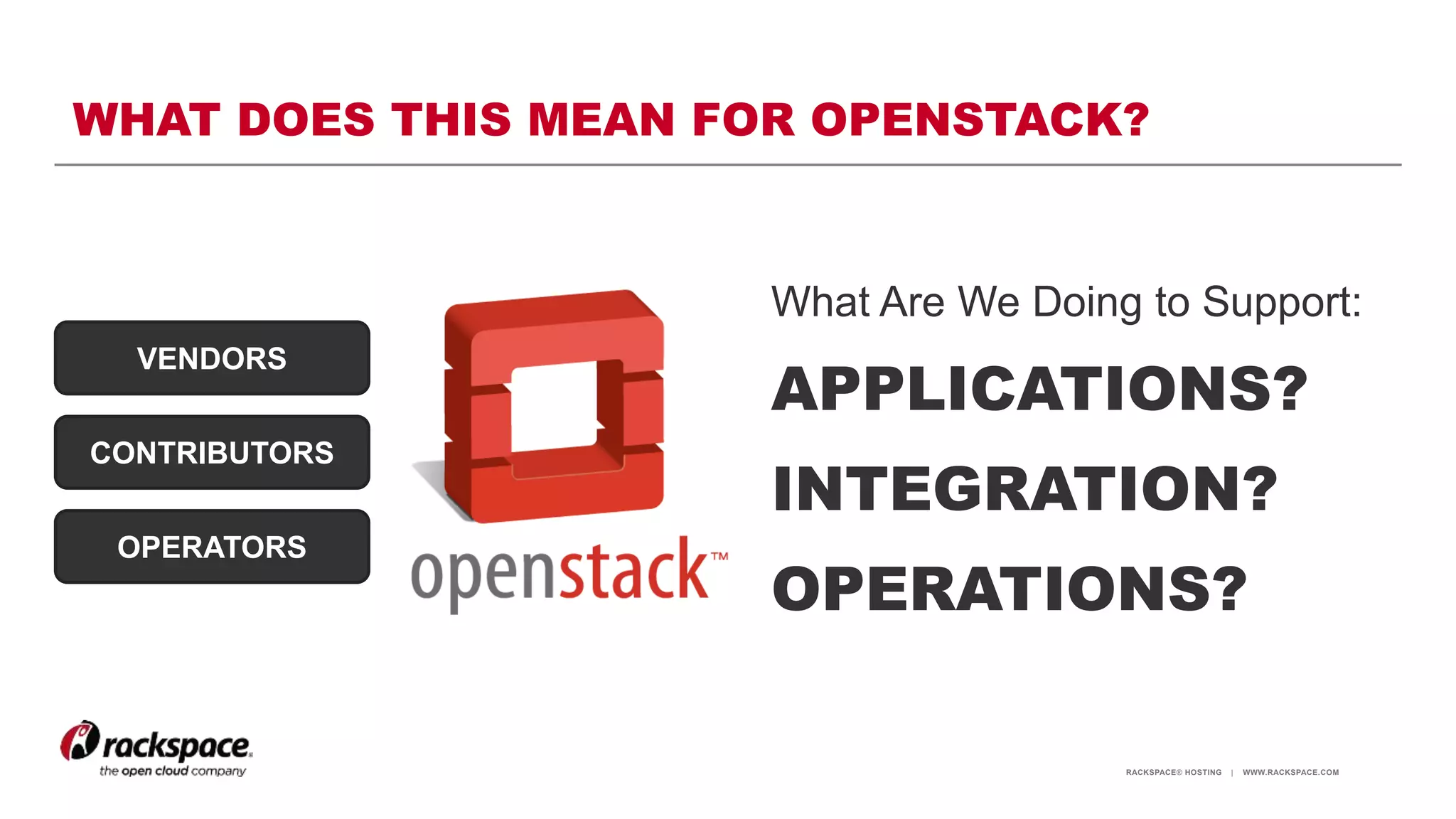 RACKSPACE® HOSTING | WWW.RACKSPACE.COM
WHAT DOES THIS MEAN FOR OPENSTACK?
What Are We Doing to Support:
APPLICATIONS?
INTEGRATION?
OPERATIONS?
VENDORS
CONTRIBUTORS
OPERATORS
 