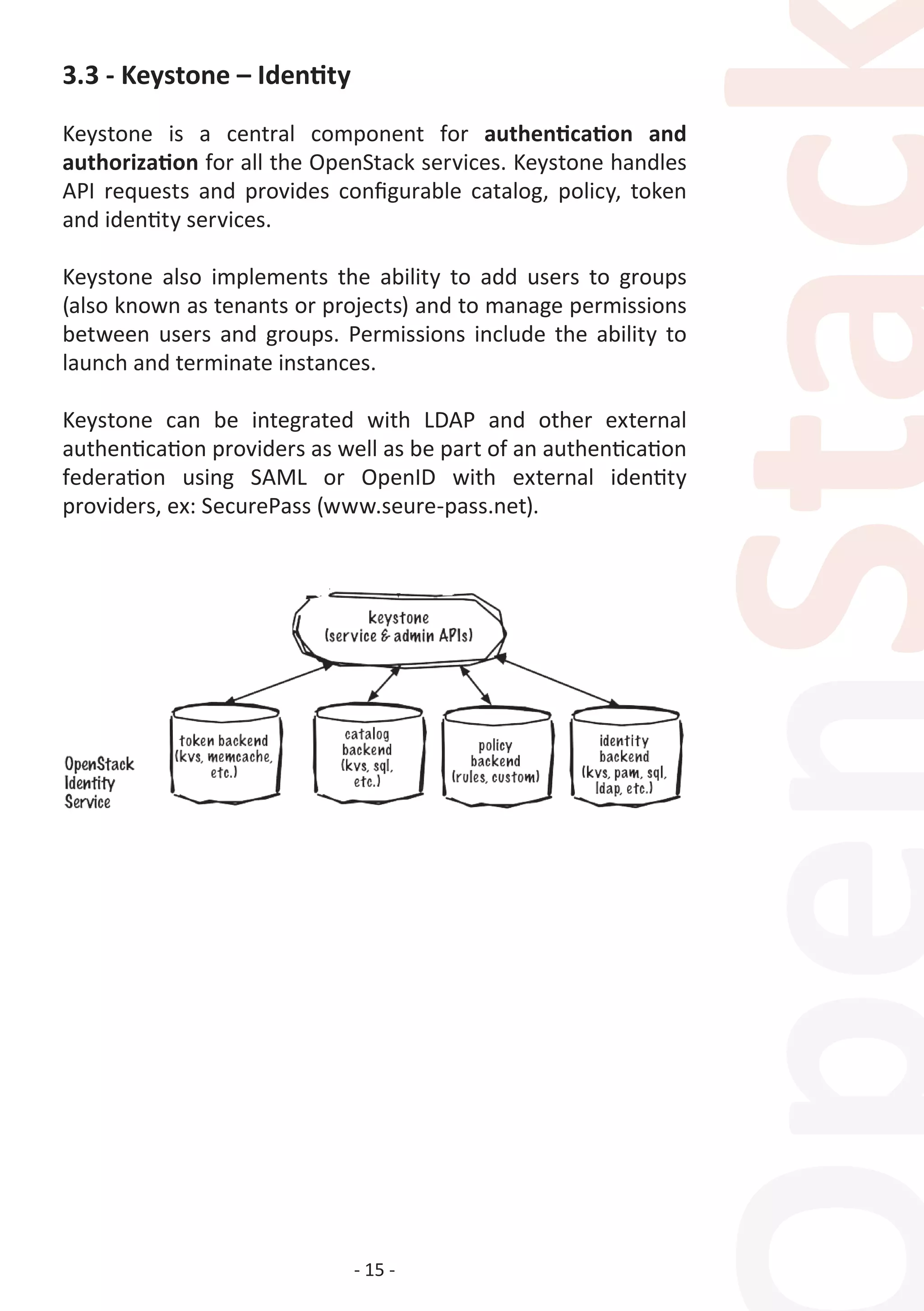 - 15 -
3.3 - Keystone – Identity
Keystone is a central component for authentication and
authorization for all the OpenStack services. Keystone handles
API requests and provides configurable catalog, policy, token
and identity services.
Keystone also implements the ability to add users to groups
(also known as tenants or projects) and to manage permissions
between users and groups. Permissions include the ability to
launch and terminate instances.
Keystone can be integrated with LDAP and other external
authentication providers as well as be part of an authentication
federation using SAML or OpenID with external identity
providers, ex: SecurePass (www.seure-pass.net).
 