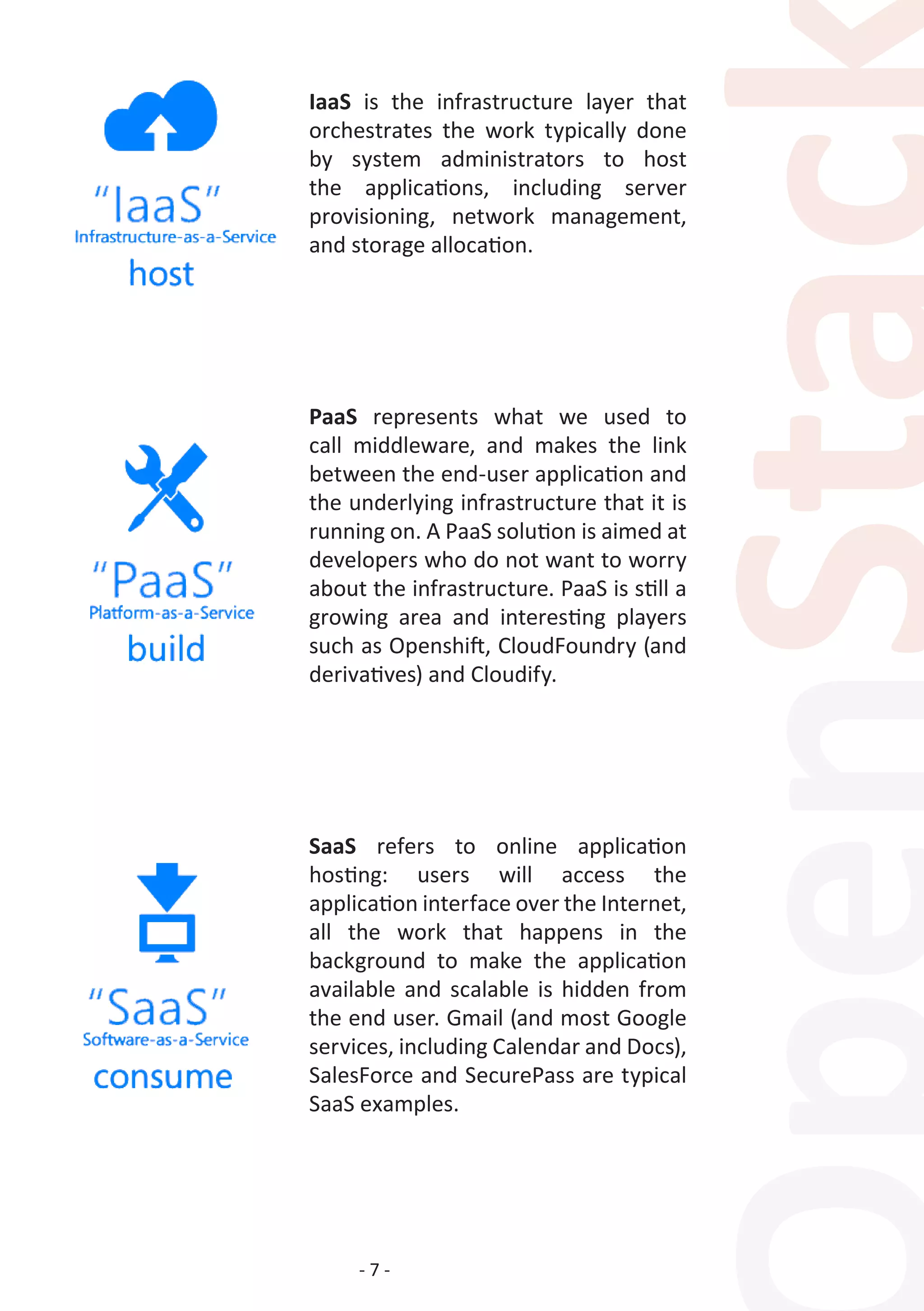 - 7 -
IaaS is the infrastructure layer that
orchestrates the work typically done
by system administrators to host
the applications, including server
provisioning, network management,
and storage allocation.
PaaS represents what we used to
call middleware, and makes the link
between the end-user application and
the underlying infrastructure that it is
running on. A PaaS solution is aimed at
developers who do not want to worry
about the infrastructure. PaaS is still a
growing area and interesting players
such as Openshift, CloudFoundry (and
derivatives) and Cloudify.
SaaS refers to online application
hosting: users will access the
application interface over the Internet,
all the work that happens in the
background to make the application
available and scalable is hidden from
the end user. Gmail (and most Google
services, including Calendar and Docs),
SalesForce and SecurePass are typical
SaaS examples.
 