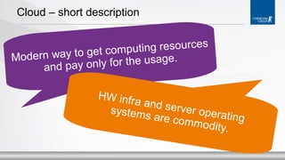 Cloud – short description
ting resources
u
way to get comp
Modern
for the usage.
and pay only
HW infr
a and s
erver op
systems
erating
are com
modity.

 