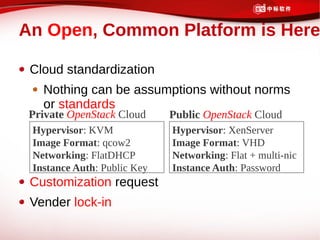 An Open, Common Platform is Here

 Cloud standardization
   Nothing can be assumptions without norms
   or standards
 Private OpenStack Cloud     Public OpenStack Cloud
 Hypervisor: KVM             Hypervisor: XenServer
 Image Format: qcow2         Image Format: VHD
 Networking: FlatDHCP        Networking: Flat + multi-nic
 Instance Auth: Public Key   Instance Auth: Password
 Customization request
 Vender lock-in
 