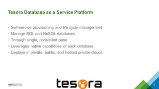 Tesora Database as a Service Platform
• Self-service provisioning and life cycle management
• Manage SQL and NoSQL databases
• Through single, consistent pane
• Leverages native capabilities of each database
• Deploys in private, public, and hosted private clouds
19
 