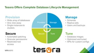 Tesora Offers Complete Database Lifecycle Management
Provision
• Wide array of databases
• One click away
• Single instances to
clusters
Secure
• Automated patching
• Granular permissions
• Restricted root
access
Manage
• Schemas
• Replica sets
• Users and backups
Tune
• Database images
• Optimized and tuned
• APIs for custom configs
Provision Manage
TuneSecure
 