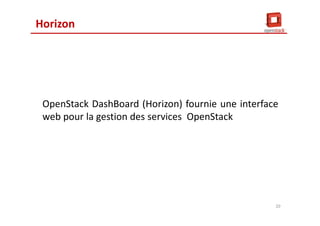 Horizon
OpenStack DashBoard (Horizon) fournie une interface
web pour la gestion des services OpenStack
20
 