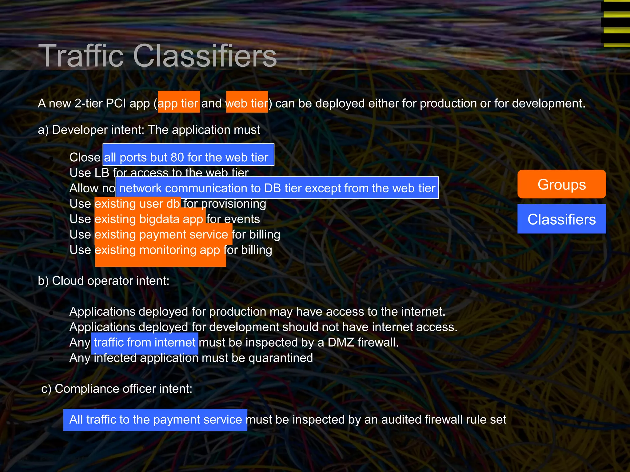 Traffic Classifiers 
A new 2-tier PCI app (app tier and web tier) can be deployed either for production or for development. 
a) Developer intent: The application must 
● Close all ports but 80 for the web tier 
● Use LB for access to the web tier 
● Allow no network communication to DB tier except from the web tier 
● Use existing user db for provisioning 
● Use existing bigdata app for events 
● Use existing payment service for billing 
● Use existing monitoring app for billing 
b) Cloud operator intent: 
● Applications deployed for production may have access to the internet. 
● Applications deployed for development should not have internet access. 
● Any traffic from internet must be inspected by a DMZ firewall. 
● Any infected application must be quarantined 
c) Compliance officer intent: 
● All traffic to the payment service must be inspected by an audited firewall rule set 
Groups 
Classifiers 
 