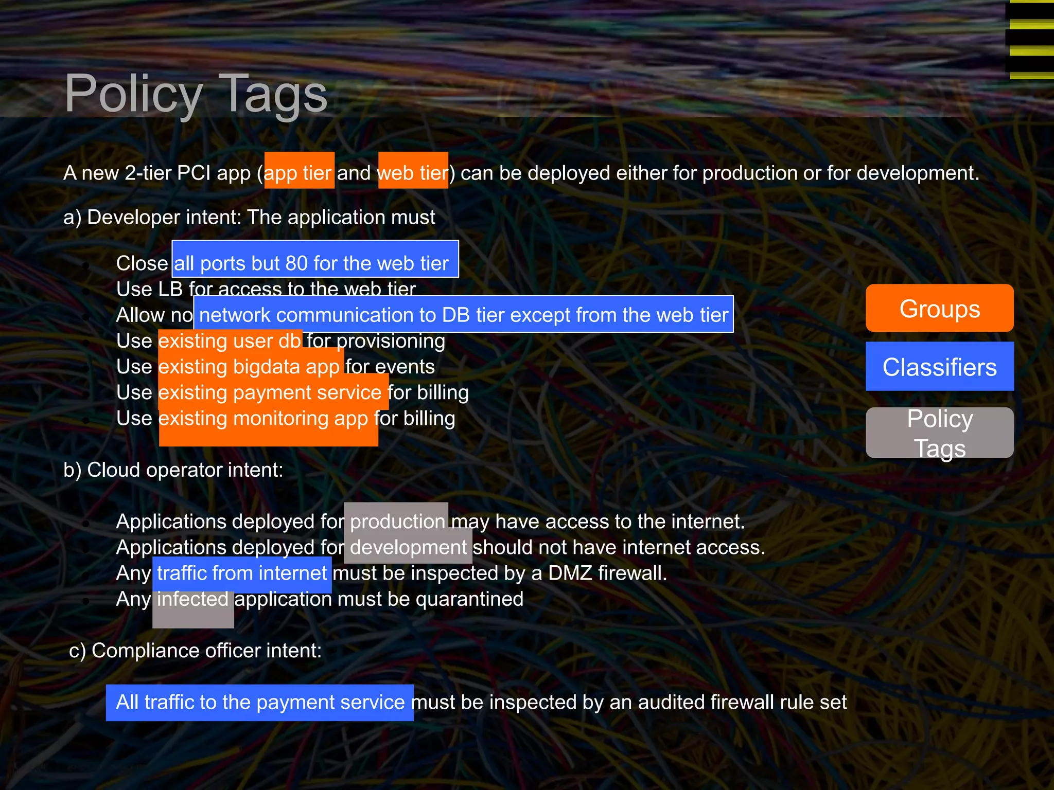 Policy Tags 
A new 2-tier PCI app (app tier and web tier) can be deployed either for production or for development. 
a) Developer intent: The application must 
● Close all ports but 80 for the web tier 
● Use LB for access to the web tier 
● Allow no network communication to DB tier except from the web tier 
● Use existing user db for provisioning 
● Use existing bigdata app for events 
● Use existing payment service for billing 
● Use existing monitoring app for billing 
b) Cloud operator intent: 
● Applications deployed for production may have access to the internet. 
● Applications deployed for development should not have internet access. 
● Any traffic from internet must be inspected by a DMZ firewall. 
● Any infected application must be quarantined 
c) Compliance officer intent: 
● All traffic to the payment service must be inspected by an audited firewall rule set 
Groups 
Classifiers 
Policy 
Tags 
 