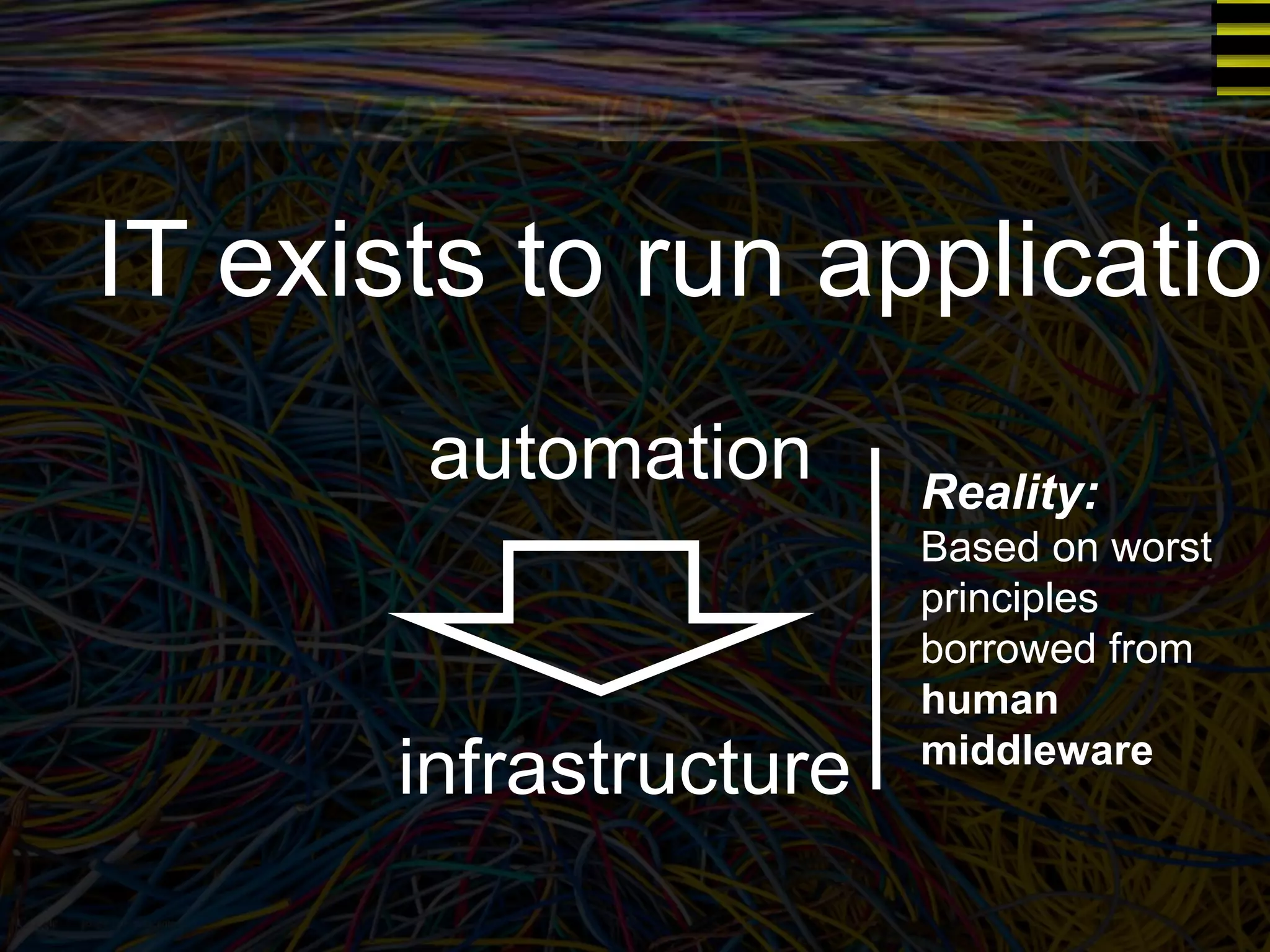 IT exists to run application 
Reality: 
Based on worst 
principles 
borrowed from 
human 
middleware 
automation 
infrastructure 
 
