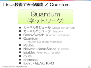 Copyright gedow.net All Rights Reserved. 12
Linux技術でみる構成 ／ Quantum
 カーネルモジュール (vhost_net or not)
 カーネルパラメータ （net.***)
 OpenvSwitch (& brcom or bridge)
 Quantum
router, L3, dhcp, metadata
 MySQL
 Network NameSpace (ip netns)
 iptables (filter, nat, mangle)
 route
 dnsmasq
 libvirt + QEMU KVM
Quantum
(ネットワーク)
 