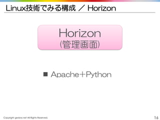 Copyright gedow.net All Rights Reserved. 16
Linux技術でみる構成 ／ Horizon
 Apache＋Python
Horizon
(管理画面)
 