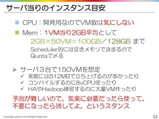 Copyright gedow.net All Rights Reserved. 23
サーバ当りのインスタンス目安
 CPU：開発用なのでVM数は気にしない
 Mem：1VM当り2GB平均として
2GB×50VM＝100GB／128GB まで
Scheduler的には空きメモリで決まるので
Quotaで〆る
 サーバ３台で150VMを想定
 実際には512MBで立ち上げるのが多かったり
 コンパイルするのに8vCPU使ったり
 HAやHadoop練習するのに大量VM作ったり
予測が難しいので、気楽に必要だったら使って、
不要になったら消してよ。というスタンス
 