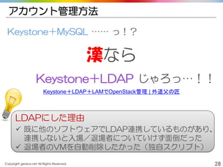 Copyright gedow.net All Rights Reserved. 28
アカウント管理方法
Keystone＋MySQL …… っ！？
漢なら
Keystone＋LDAP じゃろっ…！！
Keystone＋LDAP＋LAMでOpenStack管理 | 外道父の匠
LDAPにした理由
 既に他のソフトウェアでLDAP連携しているものがあり、
連携しないと入場／退場者についていけず面倒だった
 退場者のVMを自動削除したかった（独自スクリプト）
 