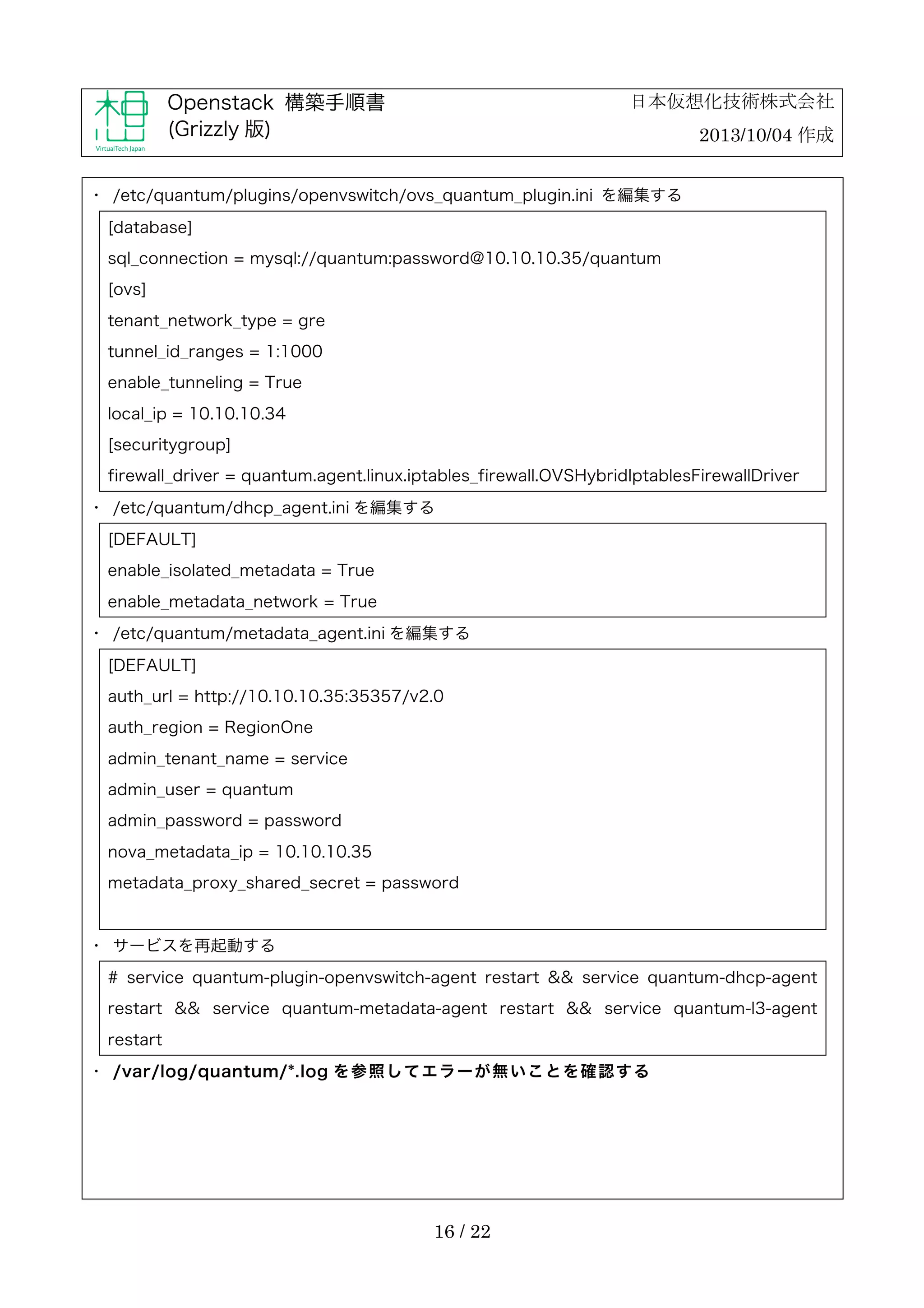 日本仮想化技術株式会社

Openstack 構築手順書
(Grizzly 版)

2013/10/04 作成

・	
 /etc/quantum/plugins/openvswitch/ovs_quantum_plugin.ini を編集する
[database]
sql_connection = mysql://quantum:password@10.10.10.35/quantum
[ovs]
tenant_network_type = gre
tunnel_id_ranges = 1:1000
enable_tunneling = True
local_ip = 10.10.10.34
[securitygroup]
firewall_driver = quantum.agent.linux.iptables_firewall.OVSHybridIptablesFirewallDriver
・	
 /etc/quantum/dhcp_agent.ini を編集する
[DEFAULT]
enable_isolated_metadata = True
enable_metadata_network = True
・	
 /etc/quantum/metadata_agent.ini を編集する
[DEFAULT]
auth_url = http://10.10.10.35:35357/v2.0
auth_region = RegionOne
admin_tenant_name = service
admin_user = quantum
admin_password = password
nova_metadata_ip = 10.10.10.35
metadata_proxy_shared_secret = password

・	
 サービスを再起動する
# service quantum-plugin-openvswitch-agent restart && service quantum-dhcp-agent
restart && service quantum-metadata-agent restart && service quantum-l3-agent
restart
・	
 /var/log/quantum/*.log を 参 照 し て エ ラ ー が 無 い こ と を 確 認 す る

16 / 22

 