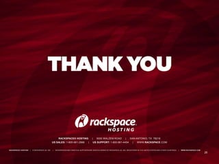 26
RACKSPACE® HOSTING | 5000 WALZEM ROAD | SAN ANTONIO, TX 78218
US SALES: 1-800-961-2888 | US SUPPORT: 1-800-961-4454 | WWW.RACKSPACE.COM
RACKSPACE® HOSTING | © RACKSPACE US, INC. | RACKSPACE® AND FANATICAL SUPPORT® ARE SERVICE MARKS OF RACKSPACE US, INC. REGISTERED IN TH E UNITED STATES AND OTHER COUNTRIES. | WWW.RACKSPACE.COM
 