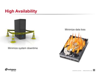 RACKSPACE® HOSTING | WWW.RACKSPACE.COM
High Availability
4
Minimize data loss
Minimize system downtime
 