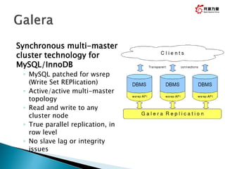 Synchronous multi-master
cluster technology for
MySQL/InnoDB
◦ MySQL patched for wsrep
(Write Set REPlication)
◦ Active/active multi-master
topology
◦ Read and write to any
cluster node
◦ True parallel replication, in
row level
◦ No slave lag or integrity
issues
22
 