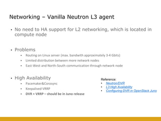 • No need to HA support for L2 networking, which is located in
compute node
• Problems
• Routing on Linux server (max. bandwith approximately 3-4 Gbits)
• Limited distribution between more network nodes
• East-West and North-South communication through network node
• High Availability
• Pacemaker&Corosync
• Keepalived VRRP
• DVR + VRRP – should be in Juno release
Networking – Vanilla Neutron L3 agent
Reference:
• Neutron/DVR
• L3 High Availability
• Configuring DVR in OpenStack Juno
 