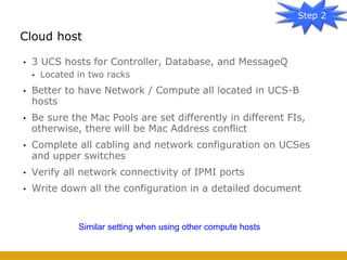 • 3 UCS hosts for Controller, Database, and MessageQ
• Located in two racks
• Better to have Network / Compute all located in UCS-B
hosts
• Be sure the Mac Pools are set differently in different FIs,
otherwise, there will be Mac Address conflict
• Complete all cabling and network configuration on UCSes
and upper switches
• Verify all network connectivity of IPMI ports
• Write down all the configuration in a detailed document
Cloud host
Step 2
Similar setting when using other compute hosts
 
