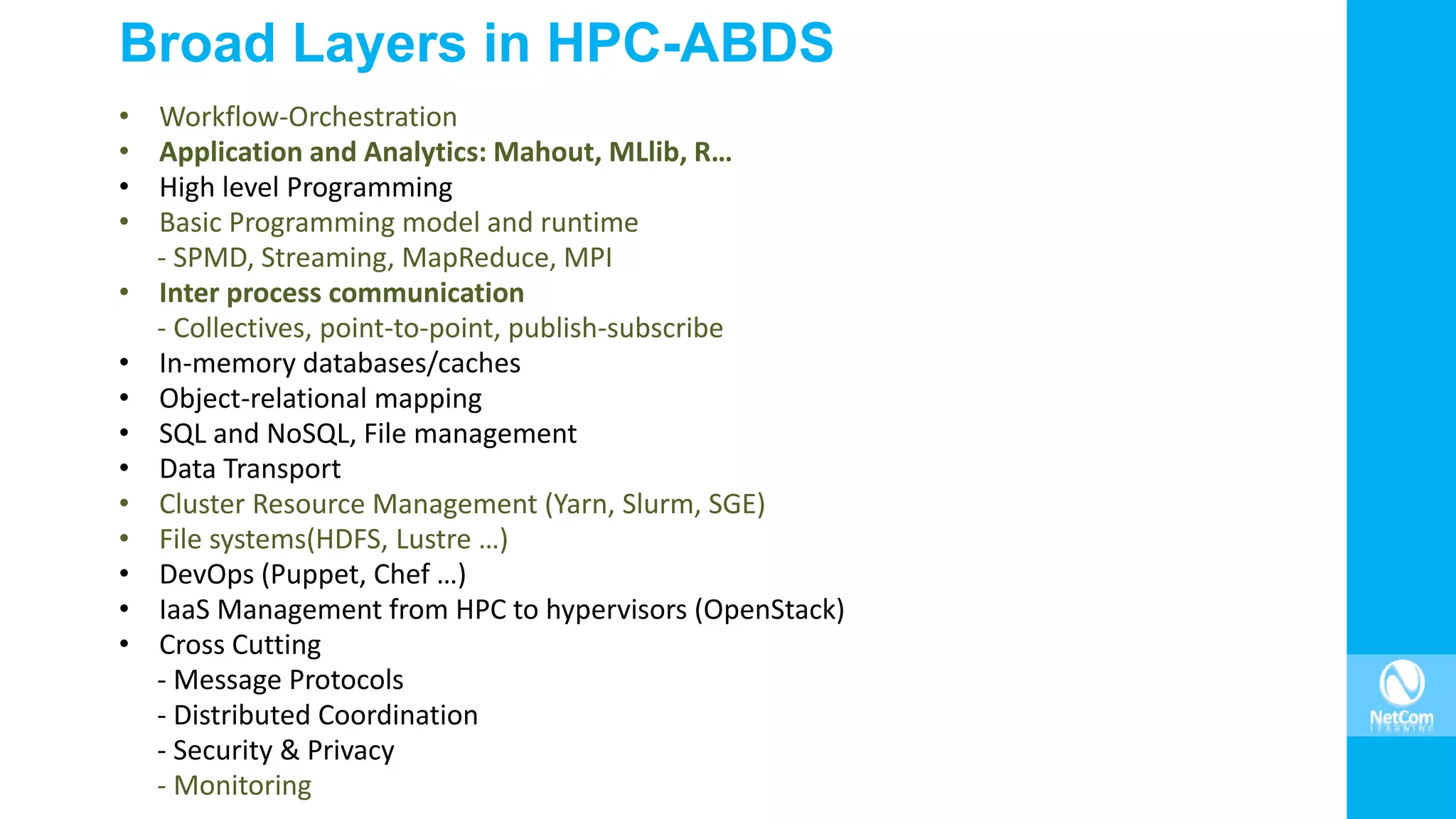 Broad Layers in HPC-ABDS
• Workflow-Orchestration
• Application and Analytics: Mahout, MLlib, R…
• High level Programming
• Basic Programming model and runtime
- SPMD, Streaming, MapReduce, MPI
• Inter process communication
- Collectives, point-to-point, publish-subscribe
• In-memory databases/caches
• Object-relational mapping
• SQL and NoSQL, File management
• Data Transport
• Cluster Resource Management (Yarn, Slurm, SGE)
• File systems(HDFS, Lustre …)
• DevOps (Puppet, Chef …)
• IaaS Management from HPC to hypervisors (OpenStack)
• Cross Cutting
- Message Protocols
- Distributed Coordination
- Security & Privacy
- Monitoring
 