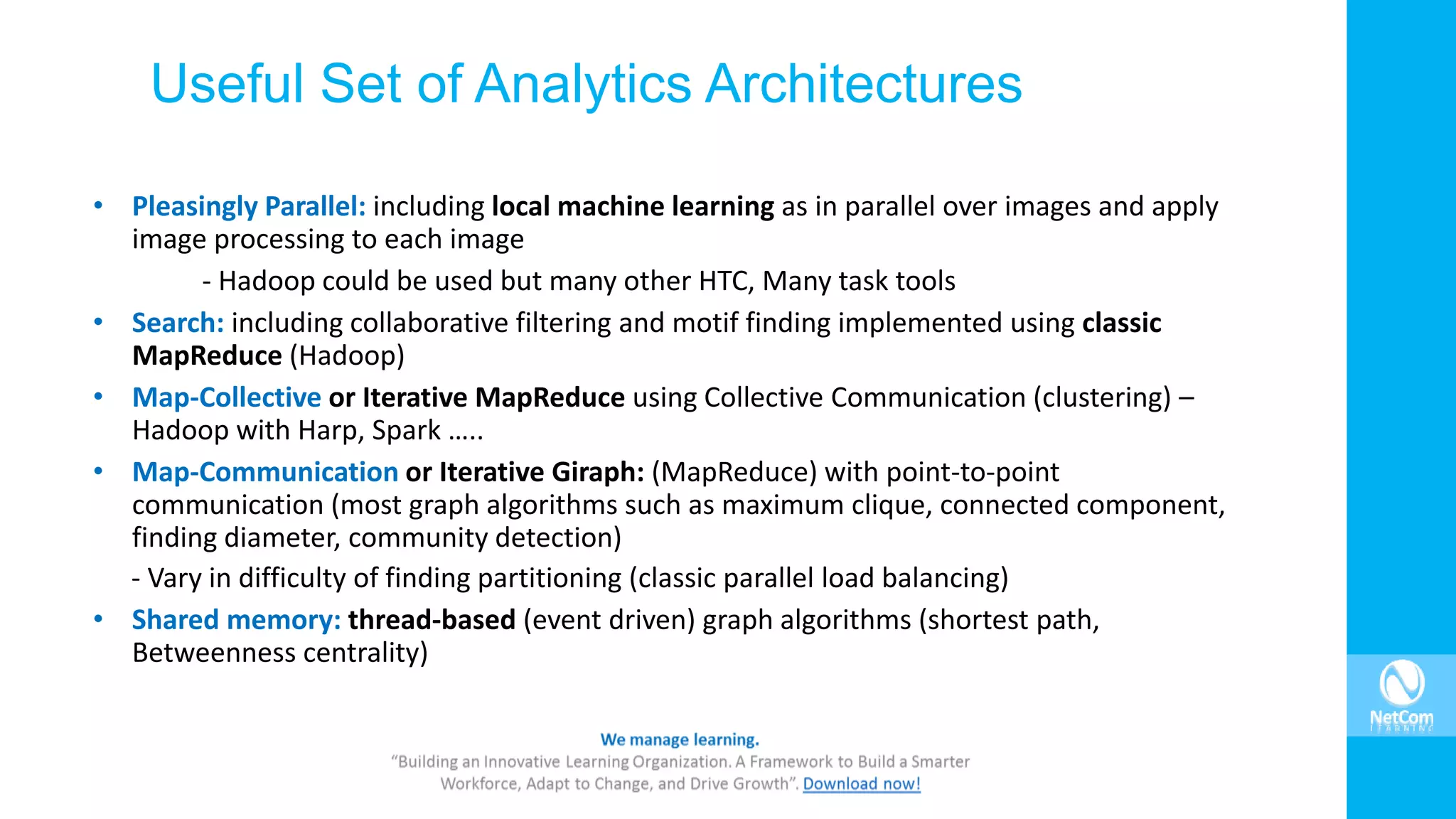 Useful Set of Analytics Architectures
• Pleasingly Parallel: including local machine learning as in parallel over images and apply
image processing to each image
- Hadoop could be used but many other HTC, Many task tools
• Search: including collaborative filtering and motif finding implemented using classic
MapReduce (Hadoop)
• Map-Collective or Iterative MapReduce using Collective Communication (clustering) –
Hadoop with Harp, Spark …..
• Map-Communication or Iterative Giraph: (MapReduce) with point-to-point
communication (most graph algorithms such as maximum clique, connected component,
finding diameter, community detection)
- Vary in difficulty of finding partitioning (classic parallel load balancing)
• Shared memory: thread-based (event driven) graph algorithms (shortest path,
Betweenness centrality)
 