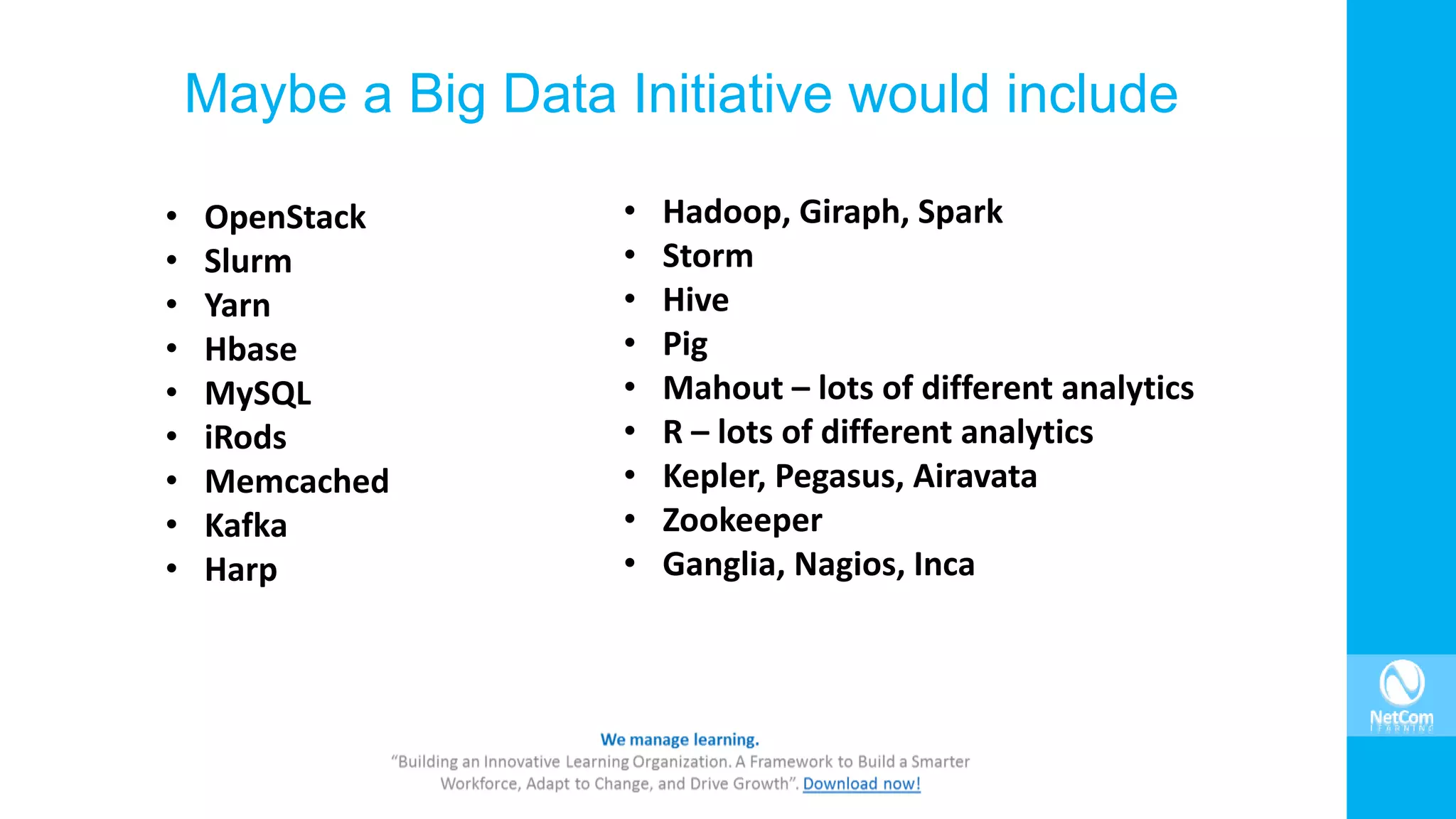 Maybe a Big Data Initiative would include
• OpenStack
• Slurm
• Yarn
• Hbase
• MySQL
• iRods
• Memcached
• Kafka
• Harp
• Hadoop, Giraph, Spark
• Storm
• Hive
• Pig
• Mahout – lots of different analytics
• R – lots of different analytics
• Kepler, Pegasus, Airavata
• Zookeeper
• Ganglia, Nagios, Inca
 