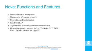 • Instance life cycle management.
• Management of compute resources
• Networking and Authorization.
• REST-based API
• Asynchronous eventually consistent communication
• Hypervisor agnostic : support for Xen, XenServer/XCP, KVM,
UML, VMware vSphere and Hyper-V
Nova: Functions and Features
 
