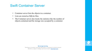 Swift Container Server
• Container server lists the objects in a container.
• Lists are stored as SQLite files.
• The Container server also tracks the statistics like the number of
objects contained and the storage size occupied by a container.
 