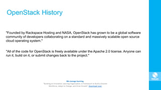 OpenStack History
"Founded by Rackspace Hosting and NASA, OpenStack has grown to be a global software
community of developers collaborating on a standard and massively scalable open source
cloud operating system."
"All of the code for OpenStack is freely available under the Apache 2.0 license. Anyone can
run it, build on it, or submit changes back to the project."
 