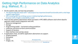 Getting High Performance on Data Analytics
(e.g. Mahout, R…)
• On the systems side, we have two principles:
• The Apache Big Data Stack with ~120 projects has important broad functionality with a vital large
support organization
• HPC including MPI has striking success in delivering high performance,
however with a fragile sustainability model
• There are key systems abstractions which are levels in HPC-ABDS software stack where Apache
approach needs careful integration with HPC
• Resource management
• Storage
• Programming model -- horizontal scaling parallelism
• Collective and Point-to-Point communication
• Support of iteration
• Data interface (not just key-value)
• In application areas, we define application abstractions to support:
• Graphs/network
• Geospatial
• Genes
• Images, etc.
 