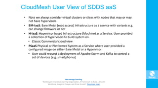 CloudMesh User View of SDDS aaS
• Note we always consider virtual clusters or slices with nodes that may or may
not have hypervisors
• BM-IaaS: Bare Metal (root access) Infrastructure as a service with variants e.g.
can change firmware or not
• H-IaaS: Hypervisor based Infrastructure (Machine) as a Service. User provided
a collection of hypervisors to build system on.
• Classic Commercial cloud view
• PSaaS Physical or Platformed System as a Service where user provided a
configured image on either Bare Metal or a Hypervisor
• User could request a deployment of Apache Storm and Kafka to control a
set of devices (e.g. smartphones)
 
