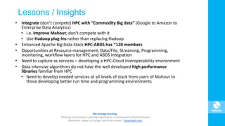 Lessons / Insights
• Integrate (don’t compete) HPC with “Commodity Big data” (Google to Amazon to
Enterprise Data Analytics)
• i.e. improve Mahout; don’t compete with it
• Use Hadoop plug-ins rather than replacing Hadoop
• Enhanced Apache Big Data Stack HPC-ABDS has ~120 members
• Opportunities at Resource management, Data/File, Streaming, Programming,
monitoring, workflow layers for HPC and ABDS integration
• Need to capture as services – developing a HPC-Cloud interoperability environment
• Data intensive algorithms do not have the well developed high performance
libraries familiar from HPC
• Need to develop needed services at all levels of stack from users of Mahout to
those developing better run time and programming environments
 