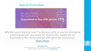 Special Promotion
Whether you're learning new IT or Business skills, or you are developing
a learning plan for your team, for limited time, register for our
Guarantee to Run classes and get 25% off on the course price.
Learn more»
 