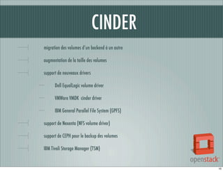 CINDER
migration des volumes d’un backend à un autre
augmentation de la taille des volumes
support de nouveaux drivers
Dell EqualLogic volume driver
VMWare VMDK cinder driver
IBM General Parallel File System (GPFS)
support de Nexenta (NFS volume driver)
support de CEPH pour le backup des volumes
IBM Tivoli Storage Manager (TSM)

10

 