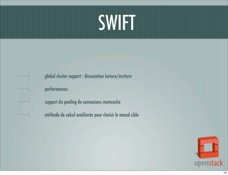 SWIFT
global cluster support : dissociation lecture/écriture
performances
support du pooling de connexions memcache
méthode de calcul améliorée pour choisir le noeud cible

13

 
