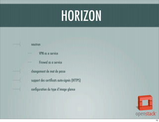 HORIZON
neutron
VPN as a service
Firewal as a service
changement de mot de passe
support des certiﬁcats auto-signés (HTTPS)
conﬁguration du type d’image glance

15

 