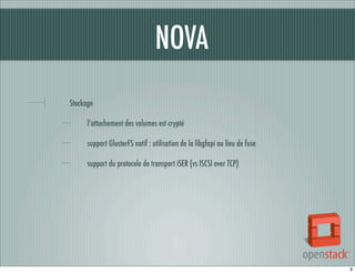 NOVA
Stockage
l’attachement des volumes est crypté
support GlusterFS natif : utilisation de la libgfapi au lieu de fuse
support du protocole de transport iSER (vs ISCSI over TCP)

8

 