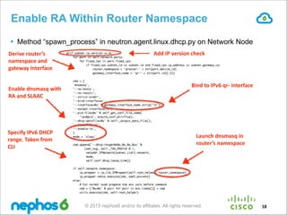 Enable RA Within Router Namespace
§ Method “spawn_process” in neutron.agent.linux.dhcp.py on Network Node
Derive	
  route...