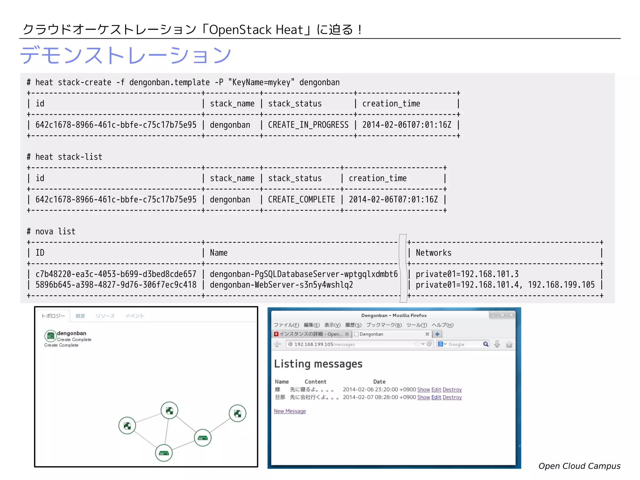 クラウドオーケストレーション「OpenStack Heat」に迫る！

テンプレートの概要 (1/2)
{

"AWSTemplateFormatVersion" : "2010-09-09",
"Description" : "A Database instance running a local PostgreSQL server",
・・・
"Resources" : {
"PgSQLDatabaseServer": {
"Type": "AWS::EC2::Instance",
"Properties": {
"SubnetId"
: "013cd465-7e75-4edc-ae83-6476fcf9178b",
"ImageId"
: { "Ref" : "ImageName" },
"InstanceType"
: { "Ref" : "InstanceType" },
"KeyName"
: { "Ref" : "KeyName" },
"UserData"
: { "Fn::Base64" : { "Fn::Join" : ["", [
"#!/bin/bash -xn",
・・・
VM#1のカスタマイズスクリプト
"# All is well so signal successn",
"/opt/aws/bin/cfn-signal -e 0 -r "PostgreSQL Database setup complete" '",
{ "Ref" : "PgSQLWaitHandle" }, "'n"
]]}}
カスタマイズスクリプトの中から、
}
「WaitHandle」への完了通知コマンドを実行
},
"PgSQLWaitHandle" : {
"Type" : "AWS::CloudFormation::WaitConditionHandle"
},
"PgSQLWaitCondition" : {
"Type" : "AWS::CloudFormation::WaitCondition",
"DependsOn" : "PgSQLDatabaseServer", "Properties" : {
"Handle" : {"Ref" : "PgSQLWaitHandle"},
"Timeout" : "6000"
}
},

WaitHandleが通知を受けるまで
待機するダミーリソース

Open Cloud Campus

 
